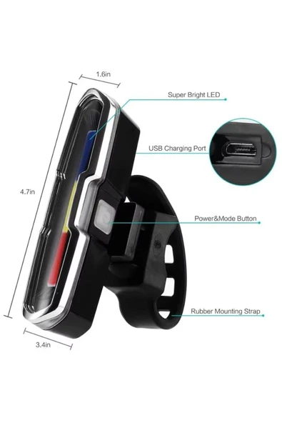 Bisiklet Led İkaz Uyarı Fener Mavi Kırmızı Beyaz Çakarlı USB Şarjlı Stop Lambası - Resim 5