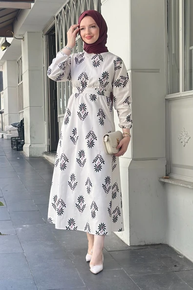 Alina Sıyah Kadın Trend Rahat Günlük Beli Lastikli Detaylı Keten Elbise ALINA-0476 ürün görseli