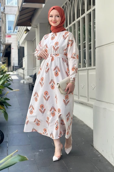 Alina Turuncu Kadın Trend Rahat Günlük Beli Lastikli Detaylı Keten Elbise ALINA-0476 - Resim 3