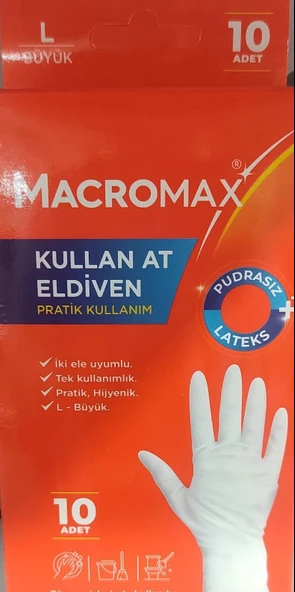 MACROMAX KULLAN AT ELDİVEN L BOY 10LU PUDRASIZ LATEKS BEYAZ 9794 ürün görseli 1