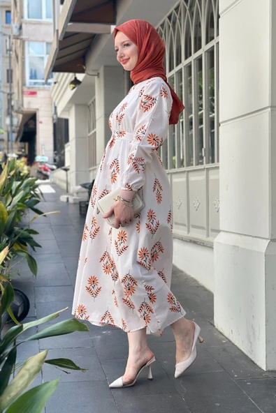 Alina Turuncu Kadın Trend Rahat Günlük Beli Lastikli Detaylı Keten Elbise ALINA-0476 - Resim 6