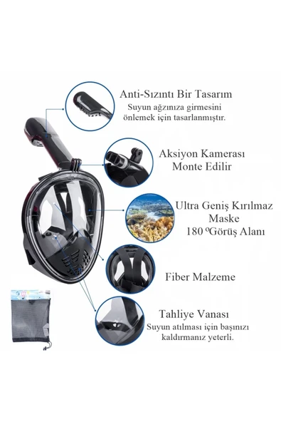 360 Tam Yüz Dalış Maskesi Su Altı Keşif Dalış Maske Slikon Şnorkel Full Face Maske Siyah - 2