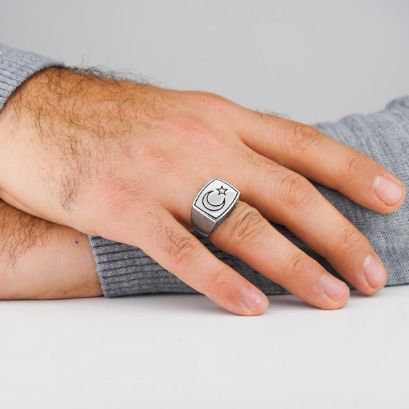 Ay Yıldız Sade Parlak 925 Ayar Gümüş Yüzük - Resim 2