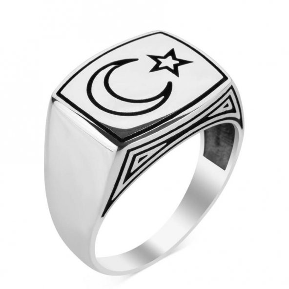 Ay Yıldız Sade Parlak 925 Ayar Gümüş Yüzük - Resim 3