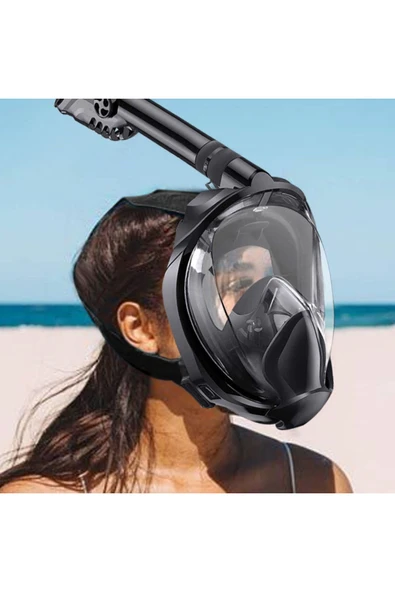 360 Tam Yüz Dalış Maskesi Su Altı Keşif Dalış Maske Slikon Şnorkel Full Face Maske Siyah - 8