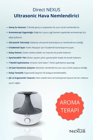 DİRECT NEXUS Ultrasonik Buhar Makinesi Humudifier / Aromaterapi Cihazı Diffüzör 3 Litre - 3