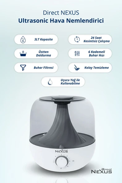 DİRECT NEXUS Ultrasonik Buhar Makinesi Humudifier / Aromaterapi Cihazı Diffüzör 3 Litre - 2