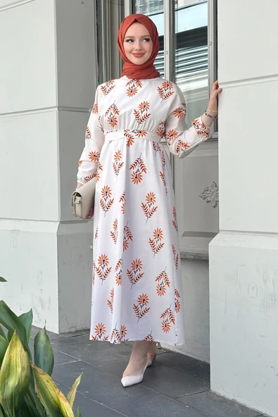 Alina Turuncu Kadın Trend Rahat Günlük Beli Lastikli Detaylı Keten Elbise ALINA-0476 - Resim 4