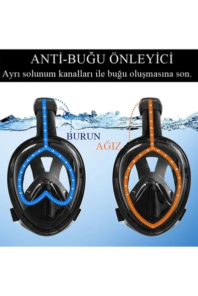 360 Tam Yüz Dalış Maskesi Su Altı Keşif Dalış Maske Slikon Şnorkel Full Face Maske Siyah - 7