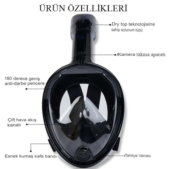 360 Tam Yüz Dalış Maskesi Su Altı Keşif Dalış Maske Slikon Şnorkel Full Face Maske Siyah - 3