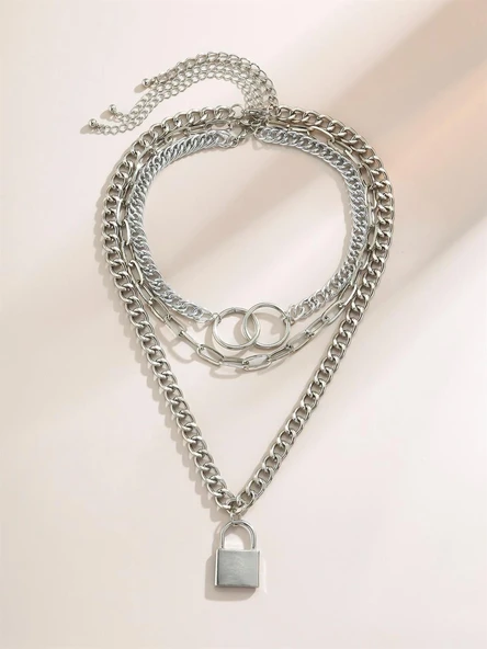 Gümüş Rengi Kilit Ve Halka 3 Katmanlı Kolye - Resim 2