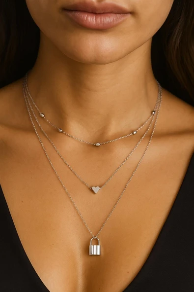 Gümüş Rengi Kilit Ve Kalp Charm Katmanlı Kolye ürün görseli 1