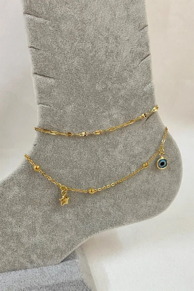 Altın Renk Zirkon Yıldız Nazar Model Singapur Ve Top Zincir Çelik Halhal - Resim 2