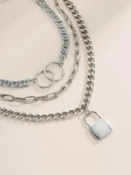 Gümüş Rengi Kilit Ve Halka 3 Katmanlı Kolye ürün görseli 1