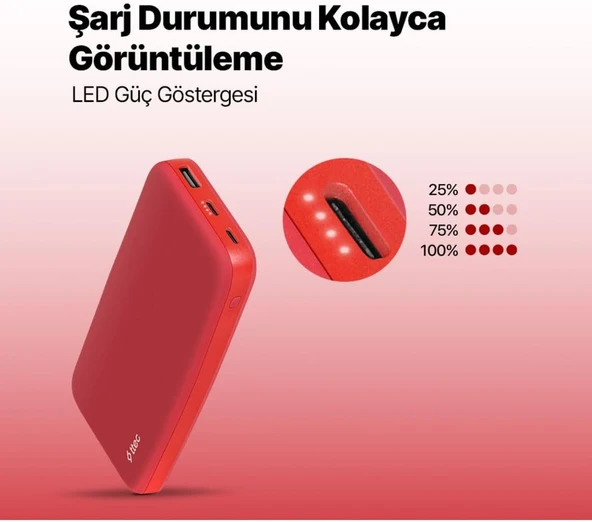 Ttec 2BB204GK1 ChargeUp 10.000 mAh Taşınabilir Şarj Aleti/Powerbank Kırmızı - Resim 3