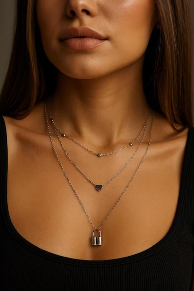 Gümüş Rengi Kilit Ve Kalp Charm Katmanlı Kolye - Resim 2