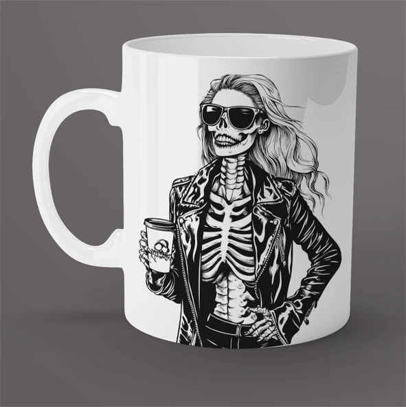 Kahve İçen İskelet Kadın Detaylı Tasarım Beyaz Kupa ürün görseli