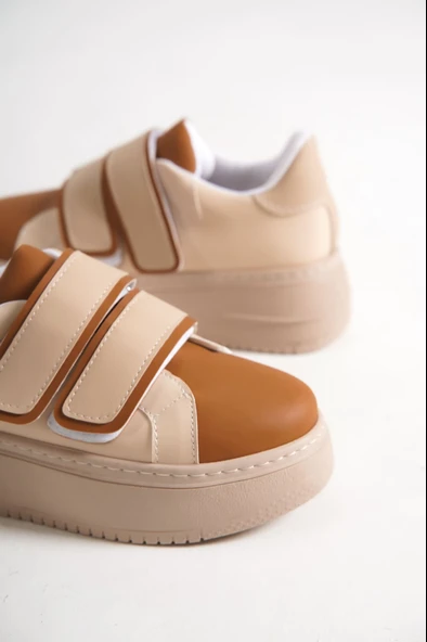 JET-VALENCIA Bağcıksız Cırt Cırtlı Ortopedik Taban Kadın Sneaker Spor Ayakkabı CTT - Ten/Kahve - Resim 5