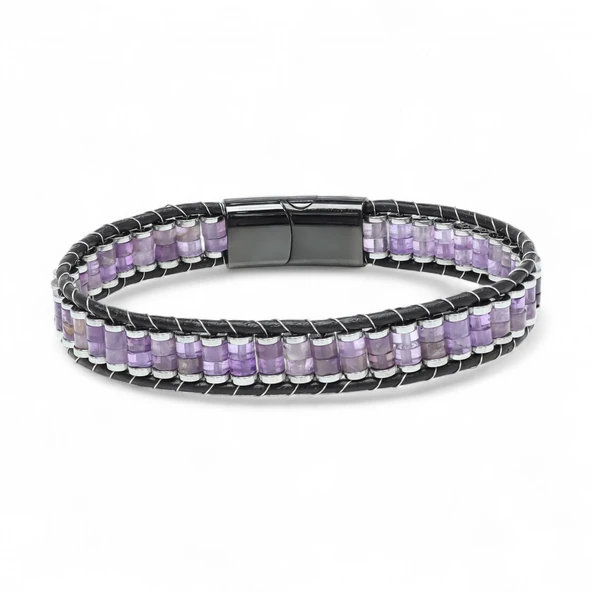 Ametist & Hematit Çelik Örgülü Deri Bileklik 31832B22D7 ürün görseli 1