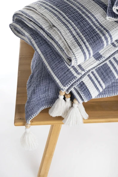 Ecocotton Mila Yatak Örtüsü %100 Organik Pamuk Müslin Dolgulu Lacivert CK - Resim 4