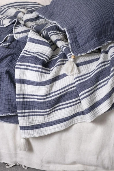 Ecocotton Mila Yatak Örtüsü %100 Organik Pamuk Müslin Dolgulu Lacivert CK - Resim 2