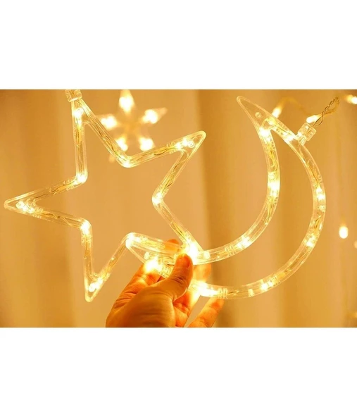 Ay Hilal Yıldız Led Günışığı Ramazan Bayramı Yeni Yıl 3 Metre Sarı Fişli 12 Saçak 8 Mod - 5