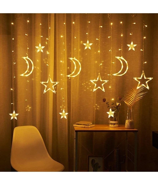 Ay Hilal Yıldız Led Günışığı Ramazan Bayramı Yeni Yıl 3 Metre Sarı Fişli 12 Saçak 8 Mod - 2