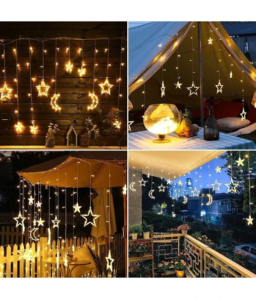 Ay Hilal Yıldız Led Günışığı Ramazan Bayramı Yeni Yıl 3 Metre Sarı Fişli 12 Saçak 8 Mod - 3