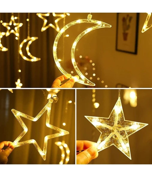 Ay Hilal Yıldız Led Günışığı Ramazan Bayramı Yeni Yıl 3 Metre Sarı Fişli 12 Saçak 8 Mod - 7