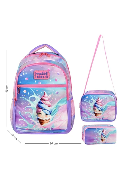 Lisanslı Dondurma Desenli İlkokul Sırt Çantası,Beslenme Çantası Ve Kalemlik - Resim 2