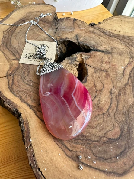 Markazit Taş İşlemeli Pembe Akik Doğal Taş Kolye