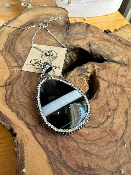 Markazit Doğal Taş İşlemeli Akik Kolye