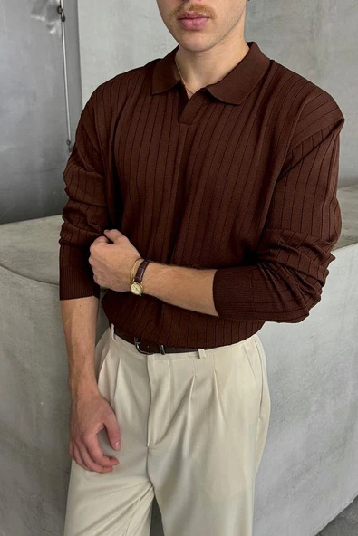 Erkek Slim Fit Polo Yaka Fitilli Triko Kazak -26107 - 2
