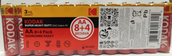 KODAK SUPER HEAVY DUTY ZİNC KALEM PİL 8+4 LÜ EKO PK. AA 1,5V  KALEM PİL - 1