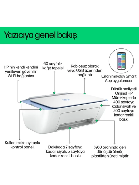 HP Deskjet 2878 70S63C Wi-Fi + Fotokopi + Tarayıcı Renkli Çok Fonksiyonlu Mürekkep Püskürtmeli Yazıcı (OUTLET) - 3