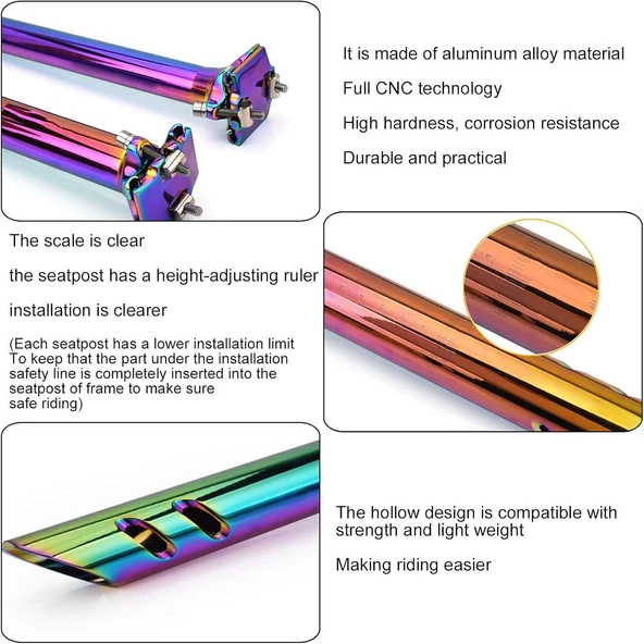 XBYC 676 Düz 27.2mm X 350mm Sele Borusu Bisiklet Koltuk Borusu Alüminyum Rainbow - 7