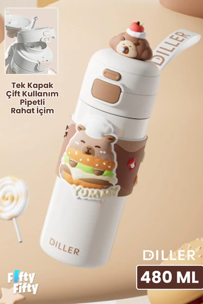 DILLER 480 ML Tek Kapak Çift Kullanım Pipetli/Pipetsiz Taşıma El Askılı Vacum Cup/Çelik Termos -FFD9351-480 - 1