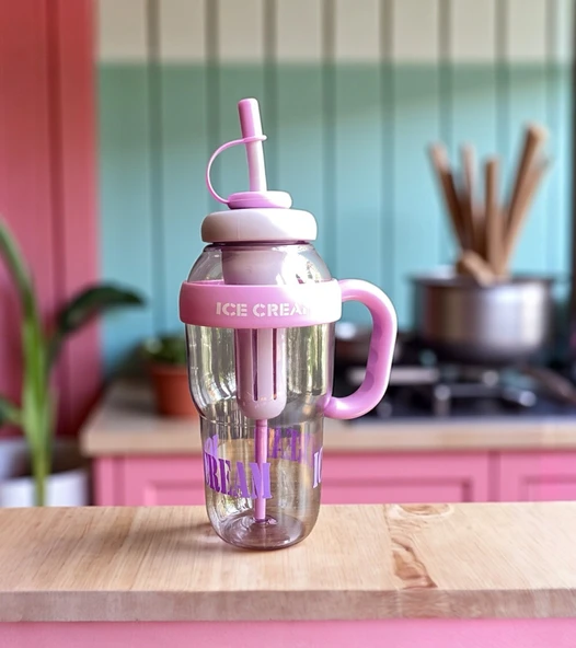 1300 ml Kulplu Suluk Matara Detox ve Soğuk İçecek Şişesi Pipetli Suluk Taşınabilir BPA içermez Mor