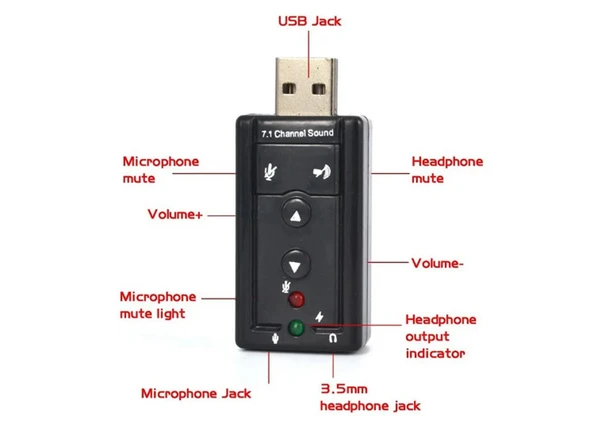7.1 USB Stereo Ses Adaptörü , Harici Ses Kartı, PC ve Dizüstü Bilgisayar için 3D USB Ses Adaptörü, - 3