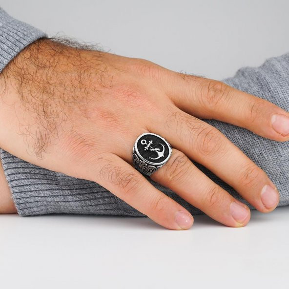 Denizci Çapası Oval 925 Ayar Gümüş Yüzük - Resim 2