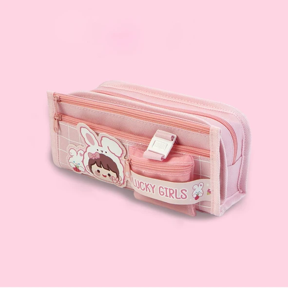 Lucky Girls Pembe Üç Gözlü Kalem Çantası (7458) ürün görseli