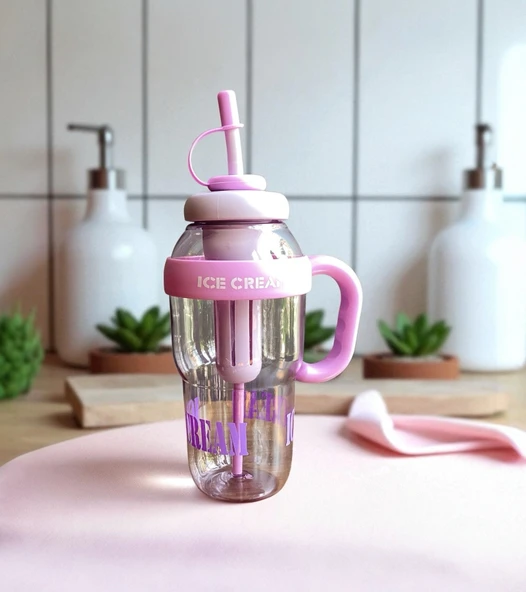 1300 ml Kulplu Suluk Matara Detox ve Soğuk İçecek Şişesi Pipetli Suluk Taşınabilir BPA içermez Mor - 3