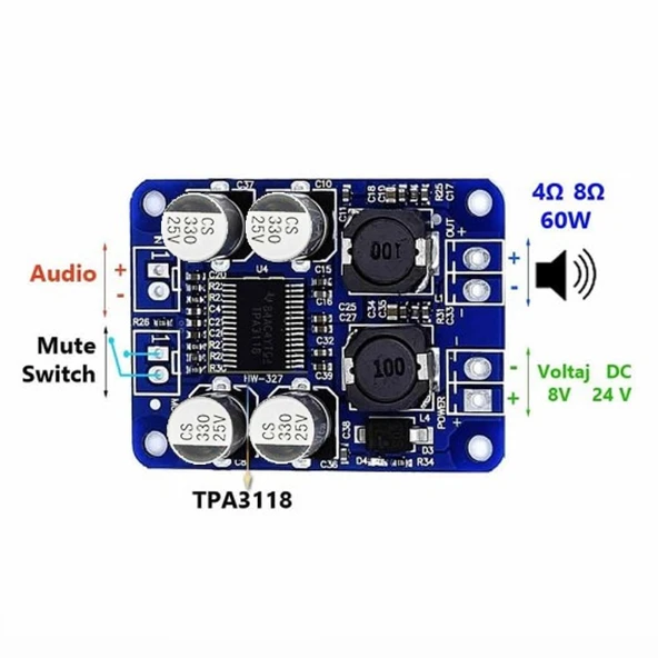 XH-M313 TPA3118 SOP-16  Mono Dijital Güç Amplifikatörü Amplifier Board 30W 60W - 5