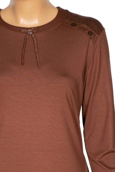 Simay Kadın Flora Ara Beden Kombinli Omzu Düğmeli Taba Spor Bluz - 2