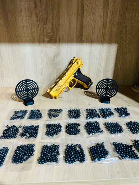 Gold  Renk Boncuklu Oyuncak Tabanca 1 Adet + 2 adet hedef 9 cm Siyah +  21 Paket Boncuk - 2