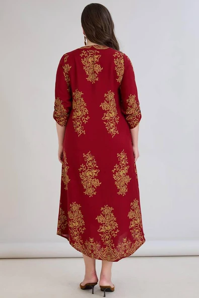 Wearon Kadın Fatoş Cep Detaylı Dokuma Viskon Kırmızı Gömlek Elbise - 4