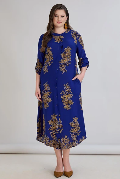 Wearon Kadın Fatoş Cep Detaylı Dokuma Viskon Mavi Gömlek Elbise ürün görseli