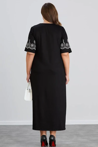 Wearon Kadın Aysar Kısa Kol Baskılı iki ip Boydan Siyah Elbise - 6