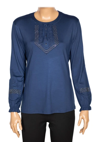 Simay Kadın Nora Ara Beden Dantelli Taşlı İndigo Spor Bluz ürün görseli