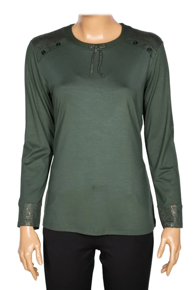 Simay Kadın Flora Ara Beden Kombinli Omzu Düğmeli Çam Yeşili Spor Bluz ürün görseli